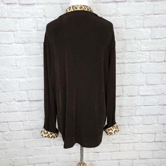 Chico's Travelers Sz 3 Jacket Brown Leopard Animal Print Trim Zipper Front XL 16 - Picture 8 of 9